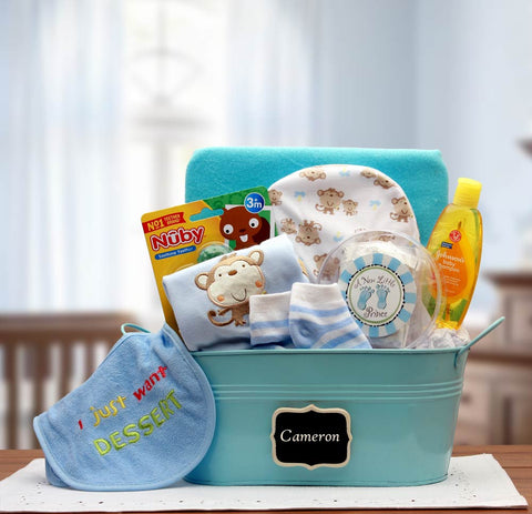 Baby Basics Gift Pail Blue - baby bath set -  baby boy gift basket - new baby gift basket - baby gift baskets - baby shower gifts