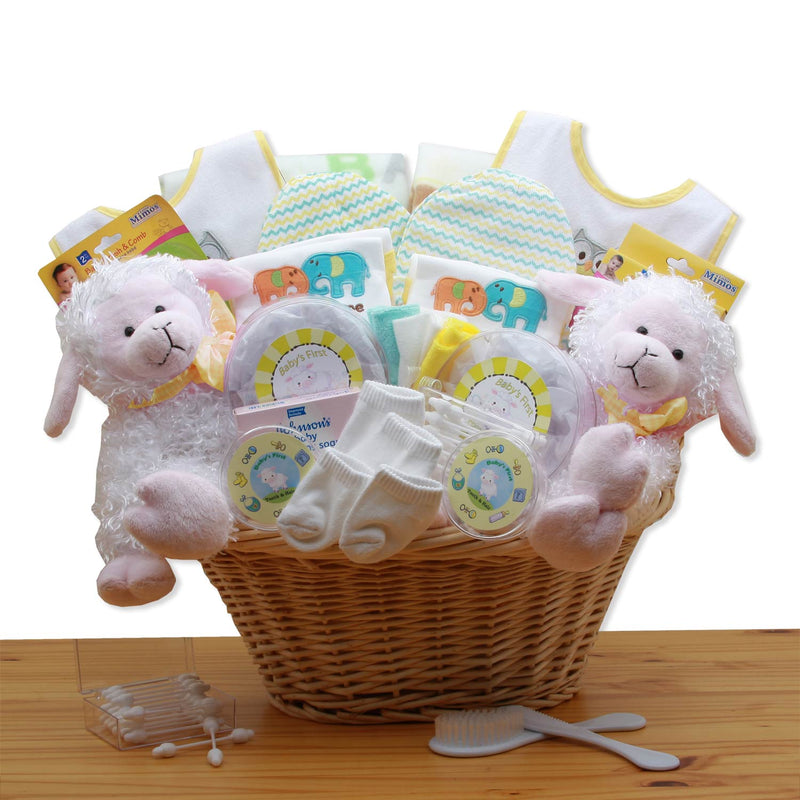 Double Delight Twins New Baby Gift Basket - Yellow - baby bath set -  new baby gift basket - baby gift baskets - baby shower gifts
