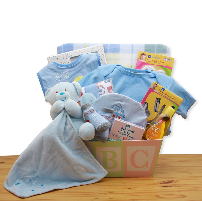 Easy as ABC New Baby Gift Basket - Blue - baby bath set -  baby boy gift basket - new baby gift basket - baby gift baskets - baby shower gifts