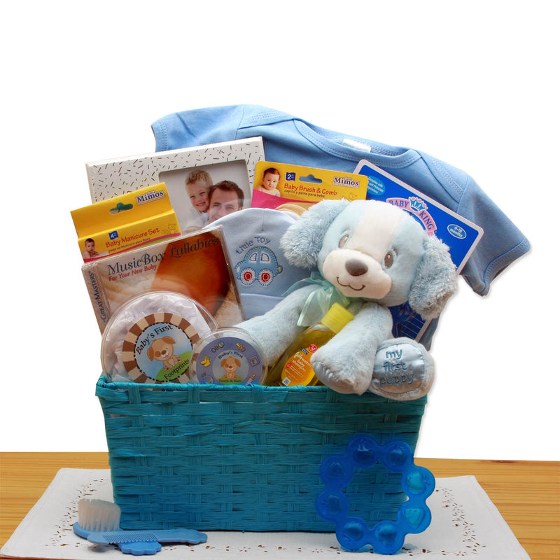 Puppy Love New Baby Gift Basket - Blue - baby bath set -  baby boy gift basket - new baby gift basket - baby gift baskets - baby shower gifts