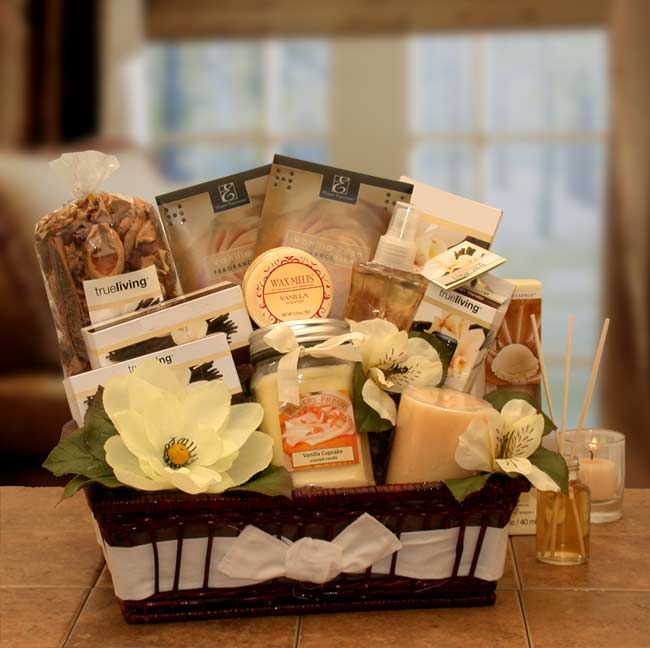 Vanilla Essence Candle Gift Basket - spa baskets for women gift