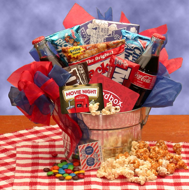 Blockbuster Night Movie Gift Pail - movie night gift baskets -  movie night - movie night gift baskets for families